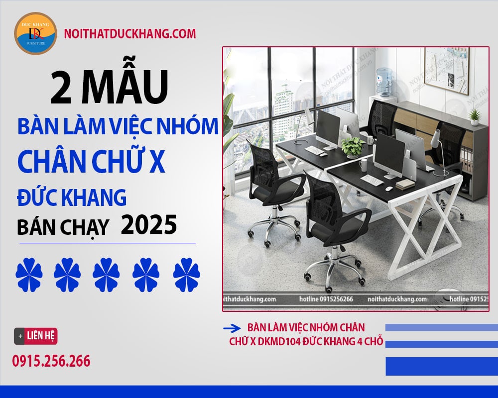 Bàn làm việc nhóm chân chữ X DKMD104 Đức Khang 4 chỗ