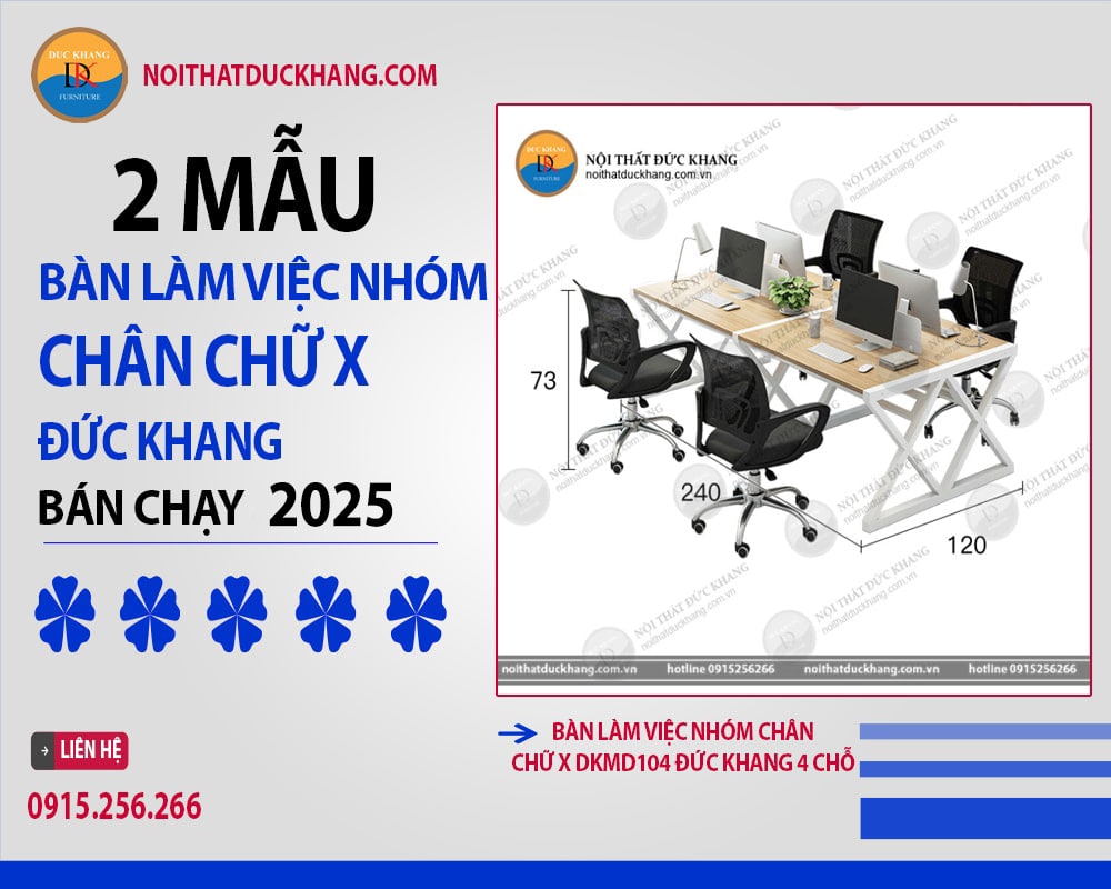 Bàn làm việc nhóm chân chữ X DKMD104 Đức Khang 4 chỗ