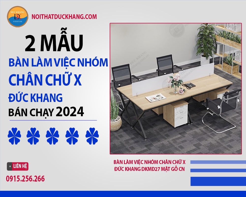 Bàn làm việc nhóm chân chữ X Đức Khang DKMD27 mặt gỗ CN