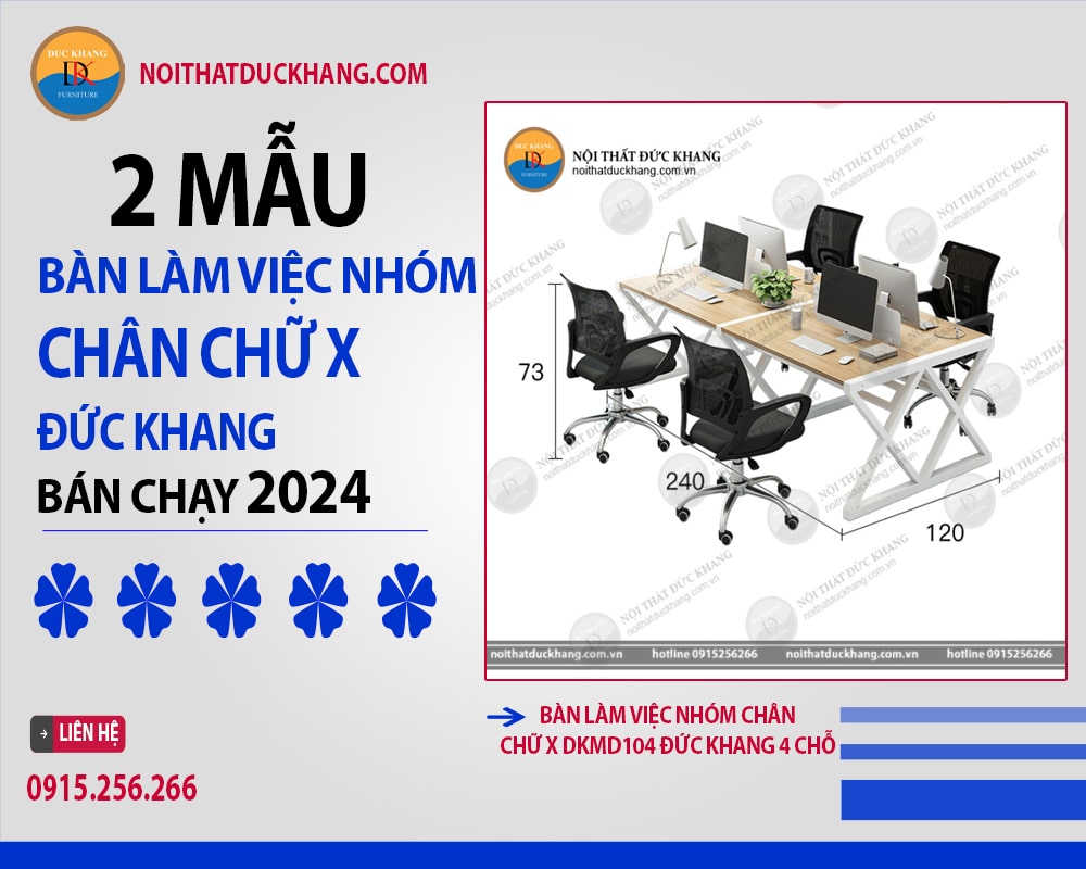 Bàn làm việc nhóm chân chữ X DKMD104 Đức Khang 4 chỗ