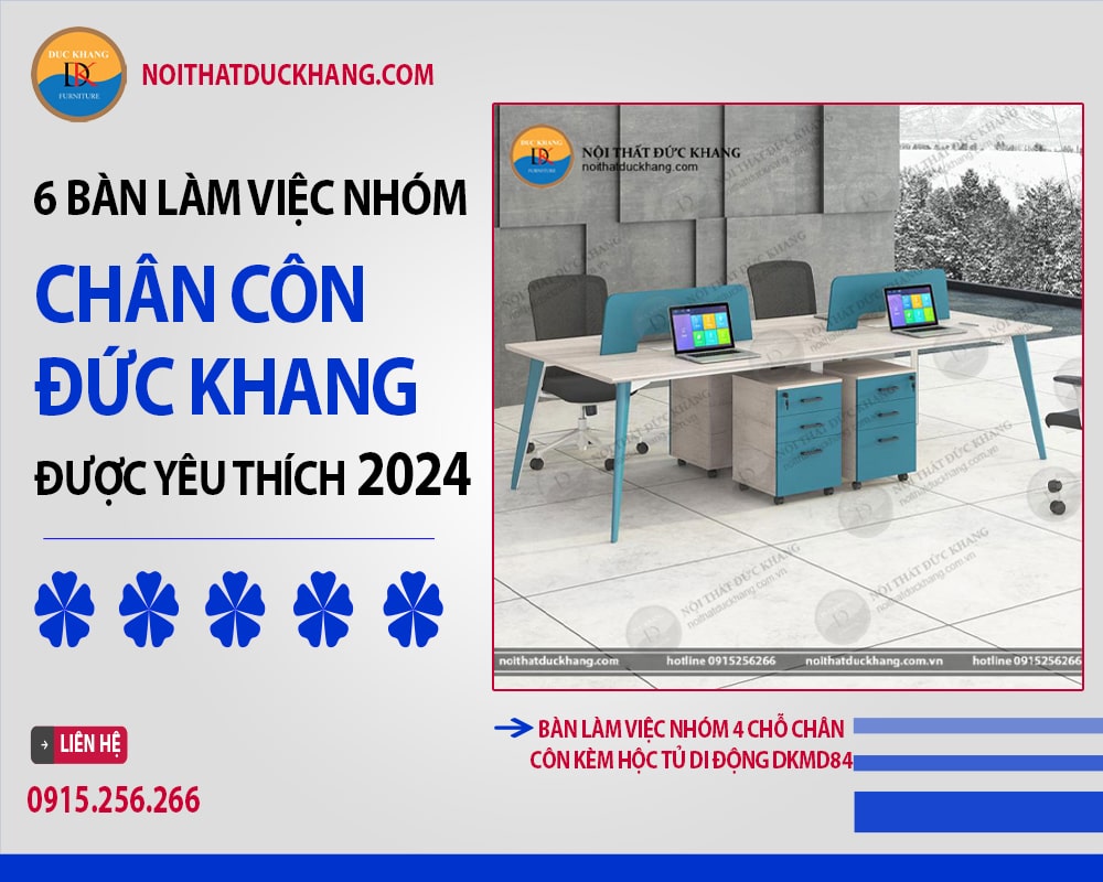 Bàn làm việc nhóm 4 chỗ chân côn kèm hộc tủ di động DKMD84