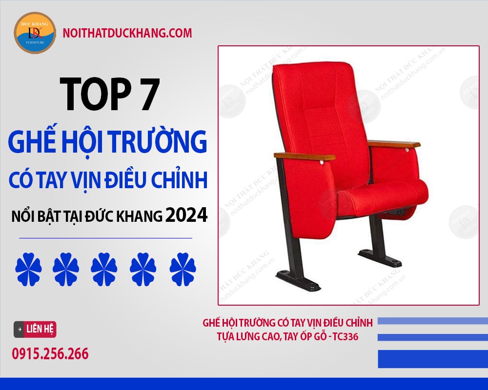 Ghế hội trường có tay vịn điều chỉnh tựa lưng cao, tay ốp gỗ - TC336