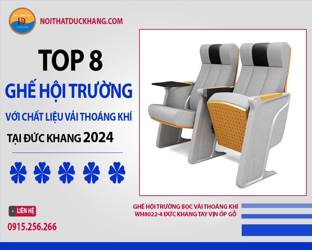 Ghế hội trường bọc vải thoáng khí WH8022-4 Đức Khang tay vịn ốp gỗ