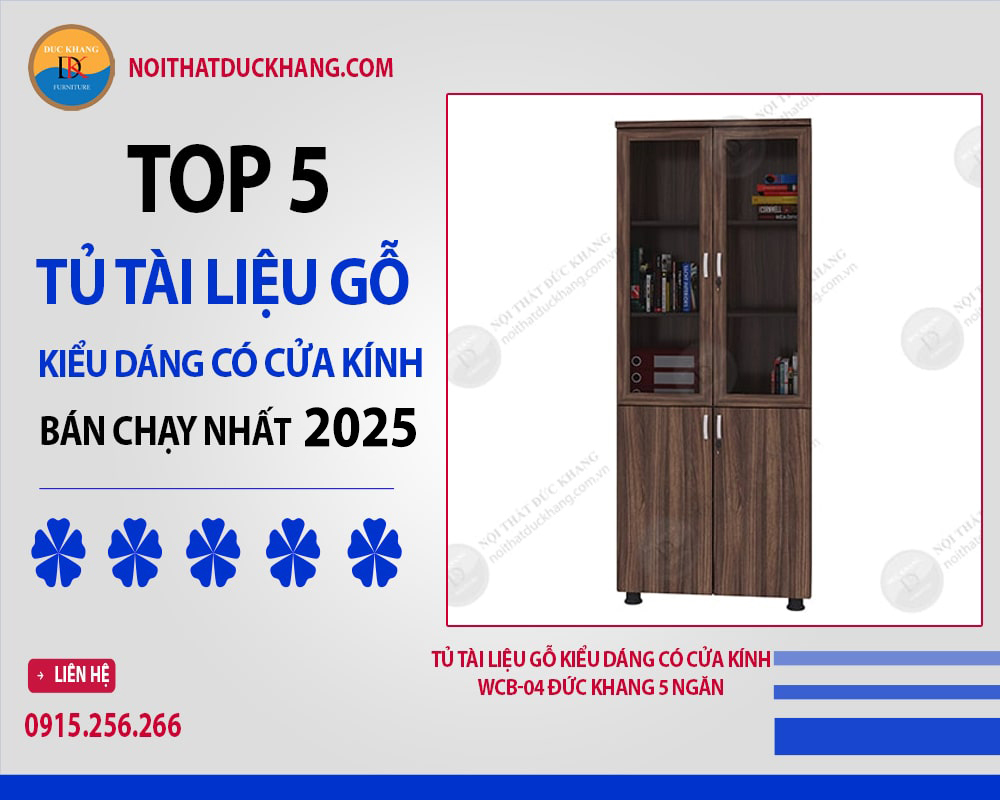 Tủ tài liệu gỗ kiểu dáng có cửa kính WCB-04 Đức Khang 5 ngăn