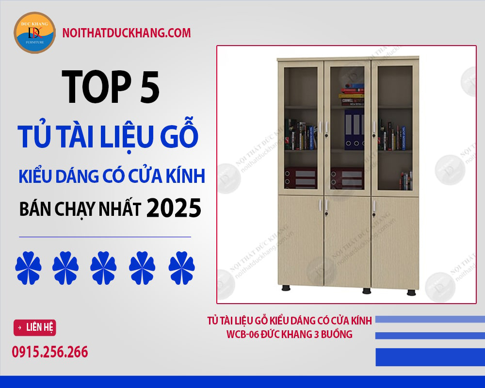 Tủ tài liệu gỗ kiểu dáng có cửa kính WCB-06 Đức Khang 3 buồng