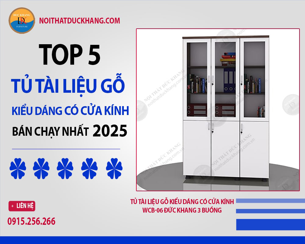 Tủ tài liệu gỗ kiểu dáng có cửa kính WCB-06 Đức Khang 3 buồng
