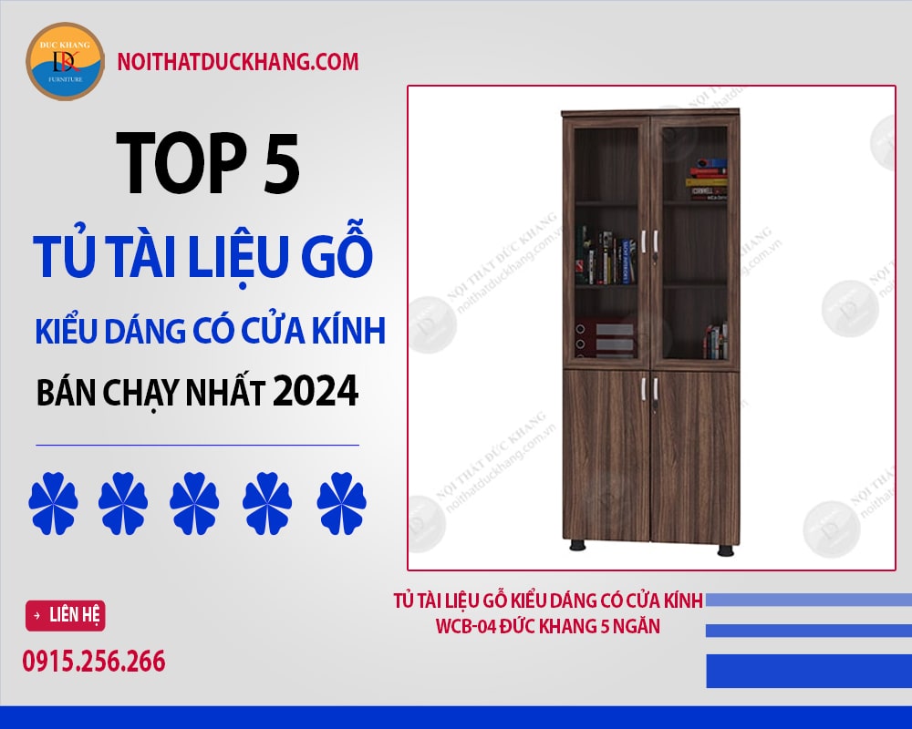 Tủ tài liệu gỗ kiểu dáng có cửa kính WCB-04 Đức Khang 5 ngăn