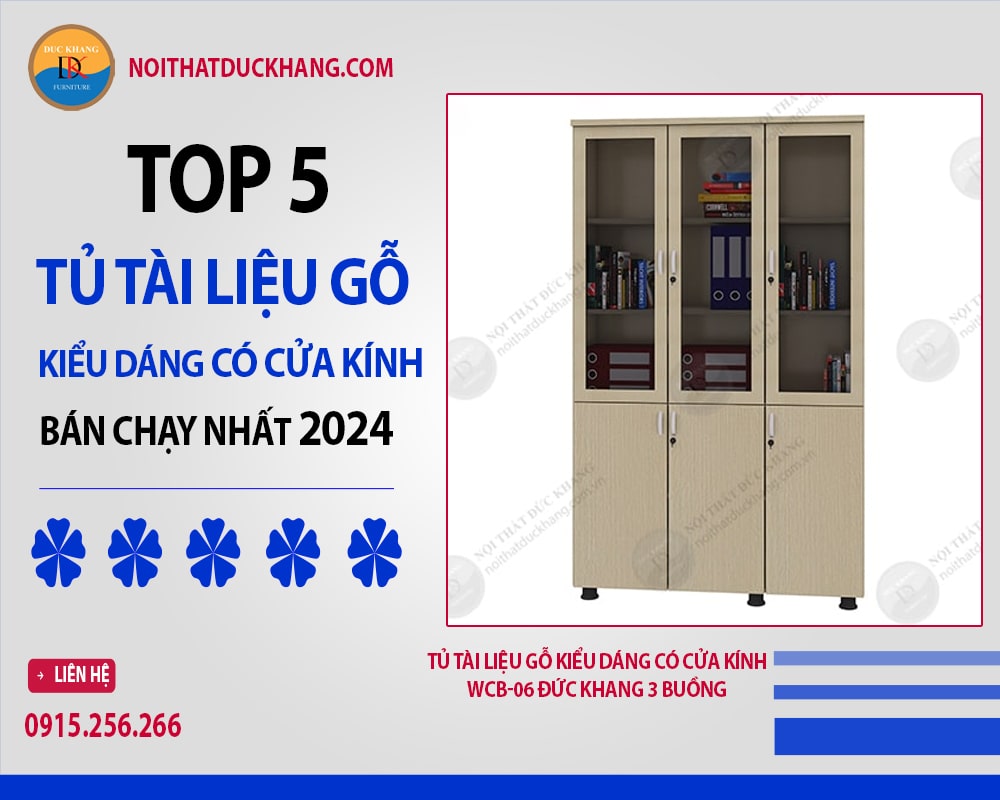 Tủ tài liệu gỗ kiểu dáng có cửa kính WCB-06 Đức Khang 3 buồng