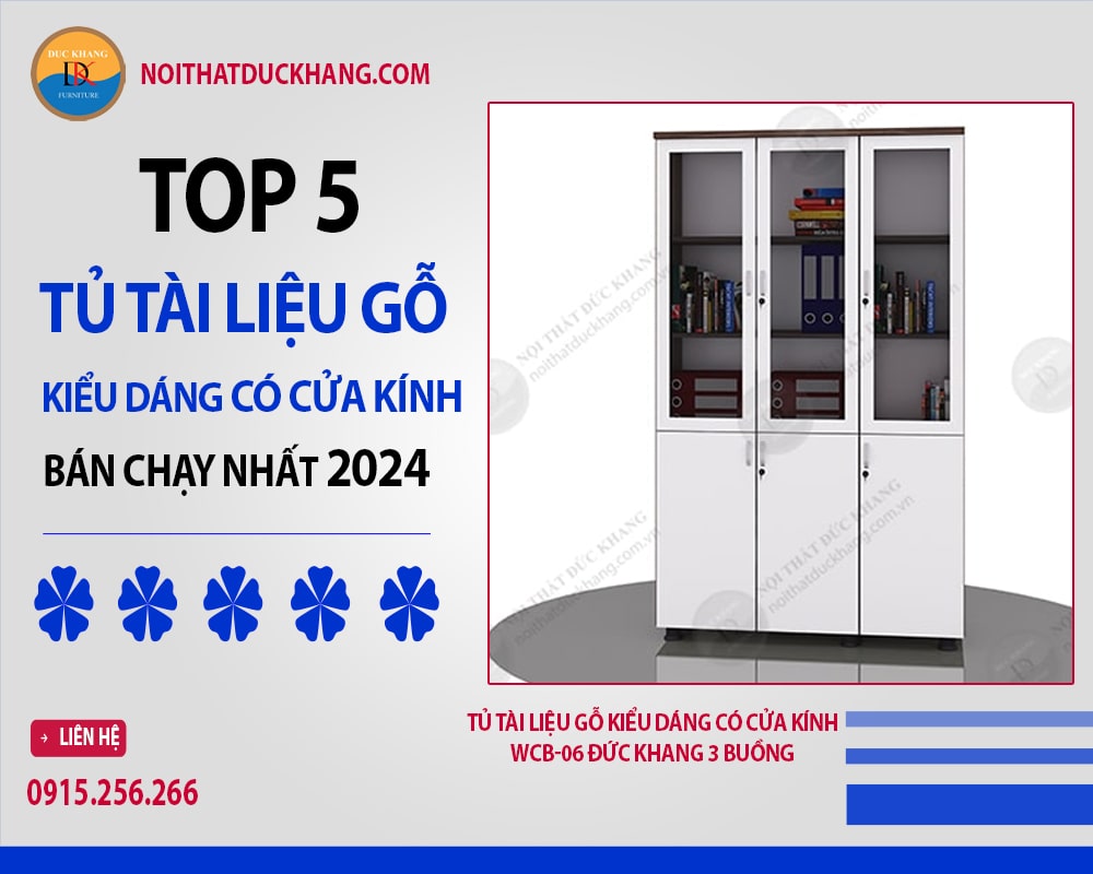 Tủ tài liệu gỗ kiểu dáng có cửa kính WCB-06 Đức Khang 3 buồng