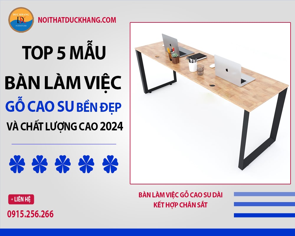 Bàn làm việc gỗ cao su dài kết hợp chân sắt