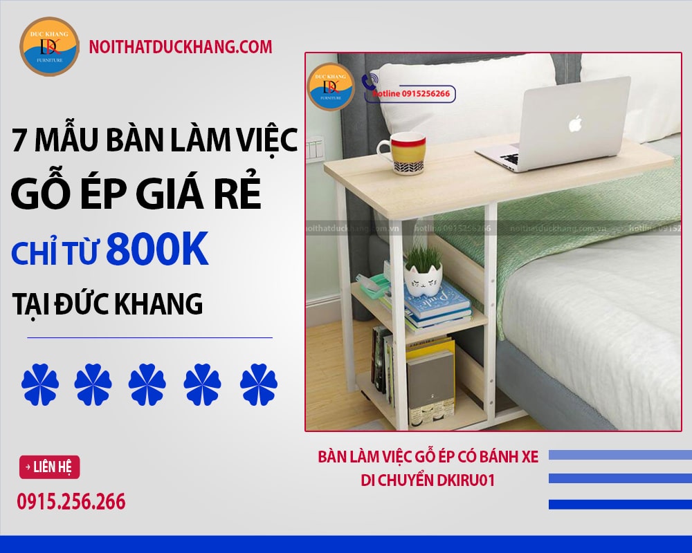 Bàn làm việc gỗ ép có bánh xe di chuyển DKIRU01