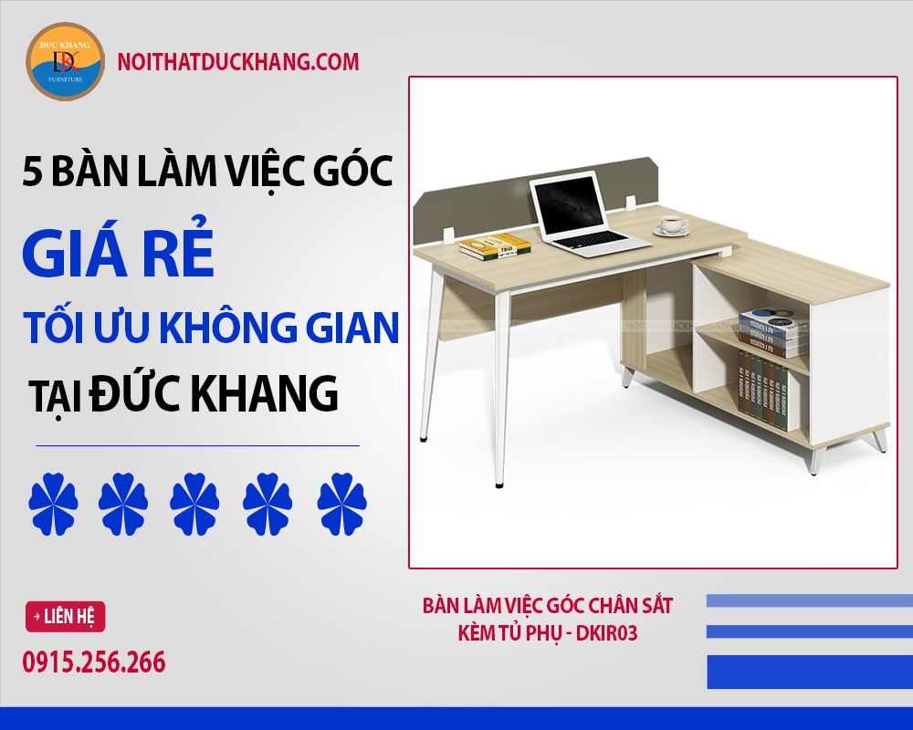 Bàn làm việc góc chân sắt kèm tủ phụ - DKIR03