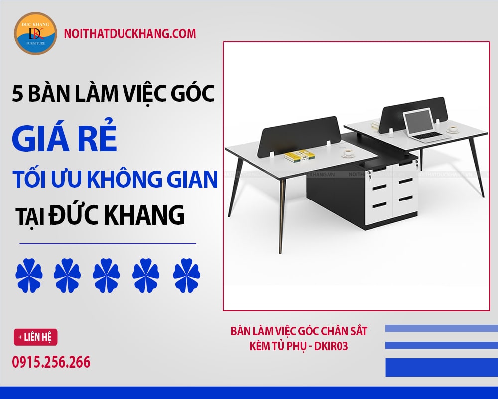 Bàn làm việc góc chân sắt kèm tủ phụ - DKIR03