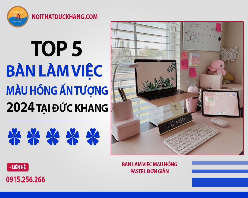 Bàn làm việc màu hồng pastel đơn giản