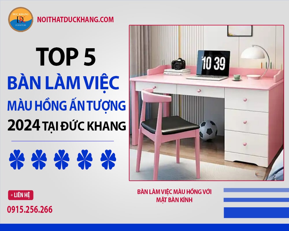 Bàn làm việc màu hồng với mặt bàn kính