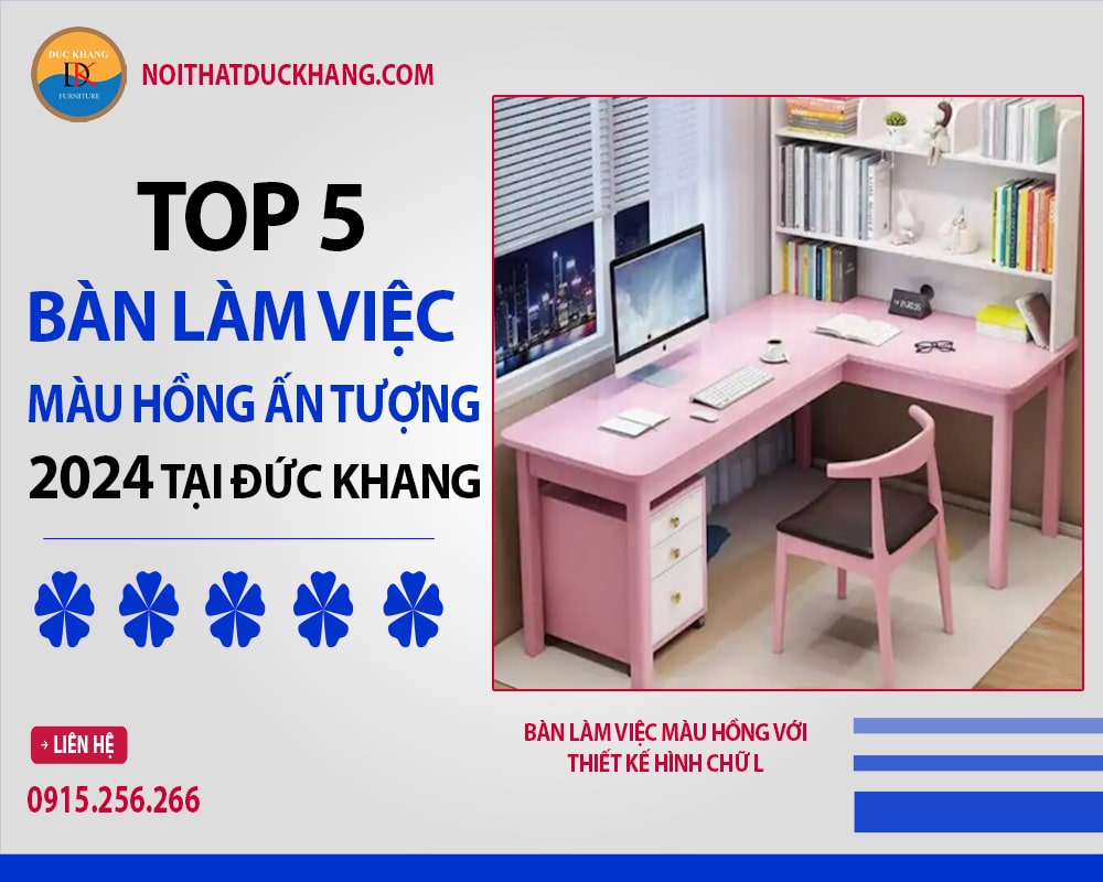 Bàn làm việc màu hồng với thiết kế hình chữ L