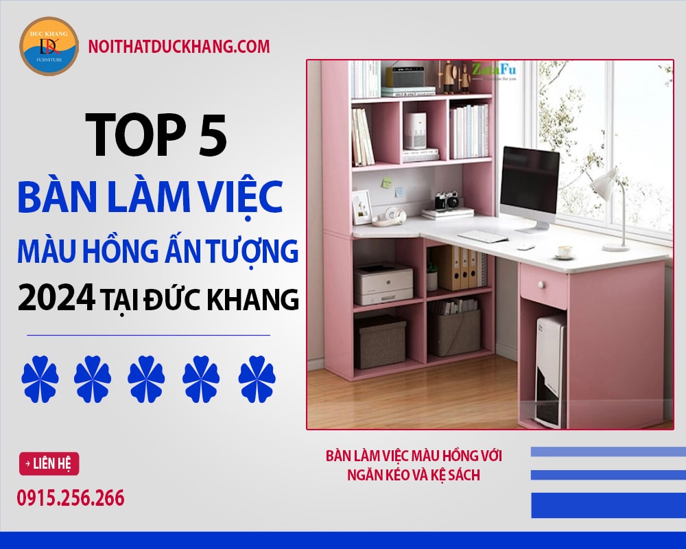 Bàn làm việc màu hồng với ngăn kéo và kệ sách