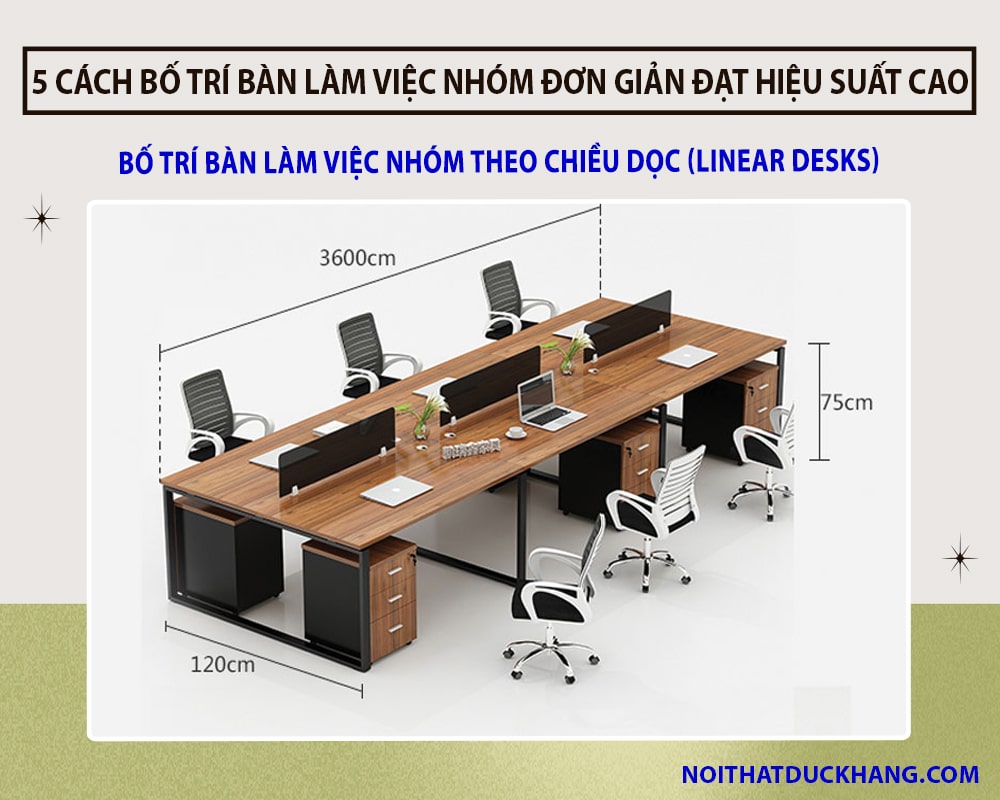 Bố trí bàn làm việc nhóm theo chiều dọc (Linear Desks)