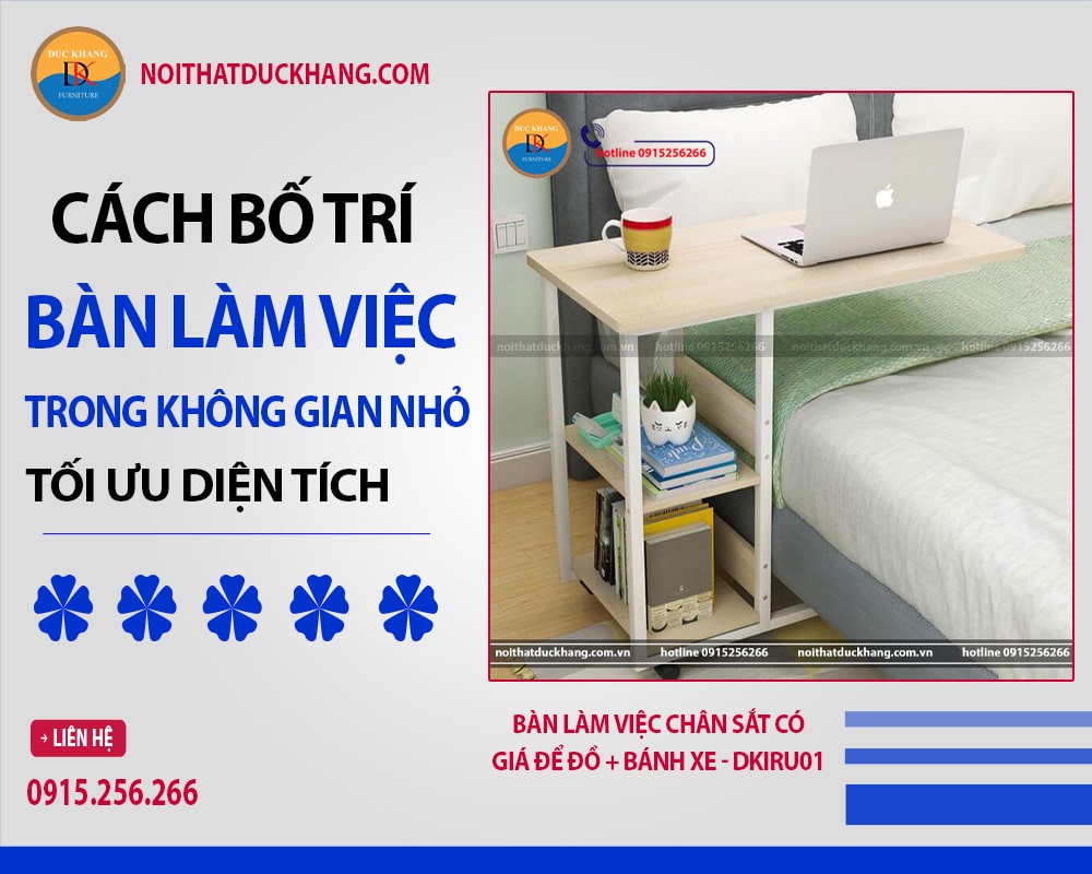 Bàn làm việc chân sắt có giá để đồ + bánh xe - DKIRU01 Bàn làm việc chân sắt có giá để đồ + bánh xe - DKIRU01