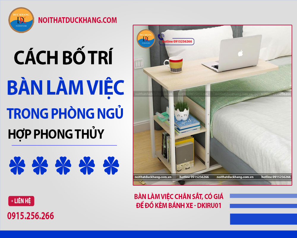 Bàn làm việc chân sắt, có giá để đồ kèm bánh xe - DKIRU01