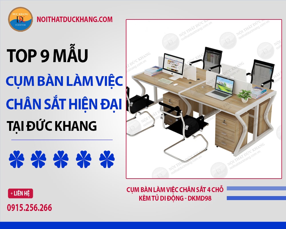 Cụm bàn làm việc chân sắt 4 chỗ kèm tủ di động - DKMD98