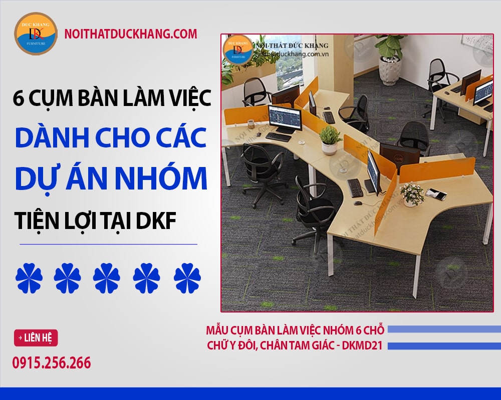 Mẫu cụm bàn làm việc nhóm 6 chỗ chữ Y đôi, chân tam giác - DKMD21