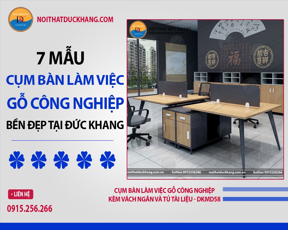 Cụm bàn làm việc gỗ công nghiệp kèm vách ngăn và tủ tài liệu - DKMD58