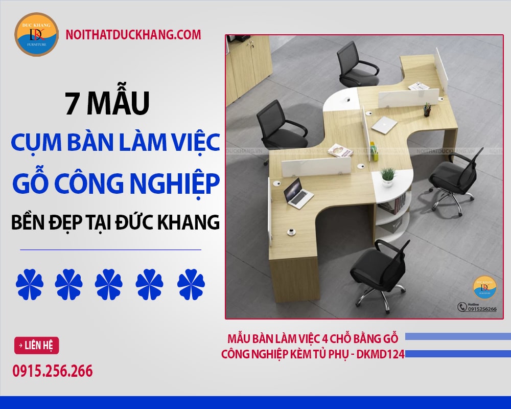 Mẫu bàn làm việc 4 chỗ bằng gỗ công nghiệp kèm tủ phụ - DKMD124
