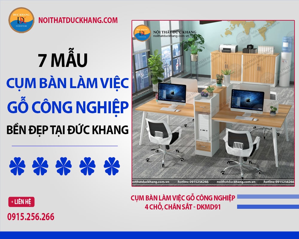 Cụm bàn làm việc gỗ công nghiệp 4 chỗ, chân sắt - DKMD91
