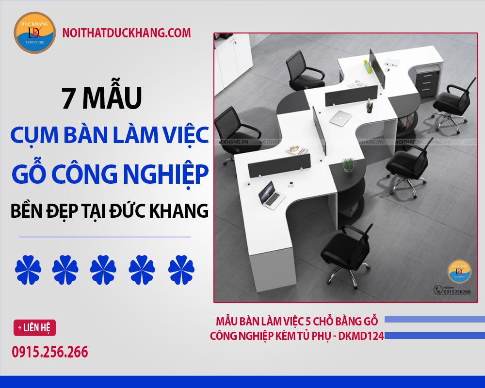 Mẫu bàn làm việc 4 chỗ bằng gỗ công nghiệp kèm tủ phụ - DKMD124