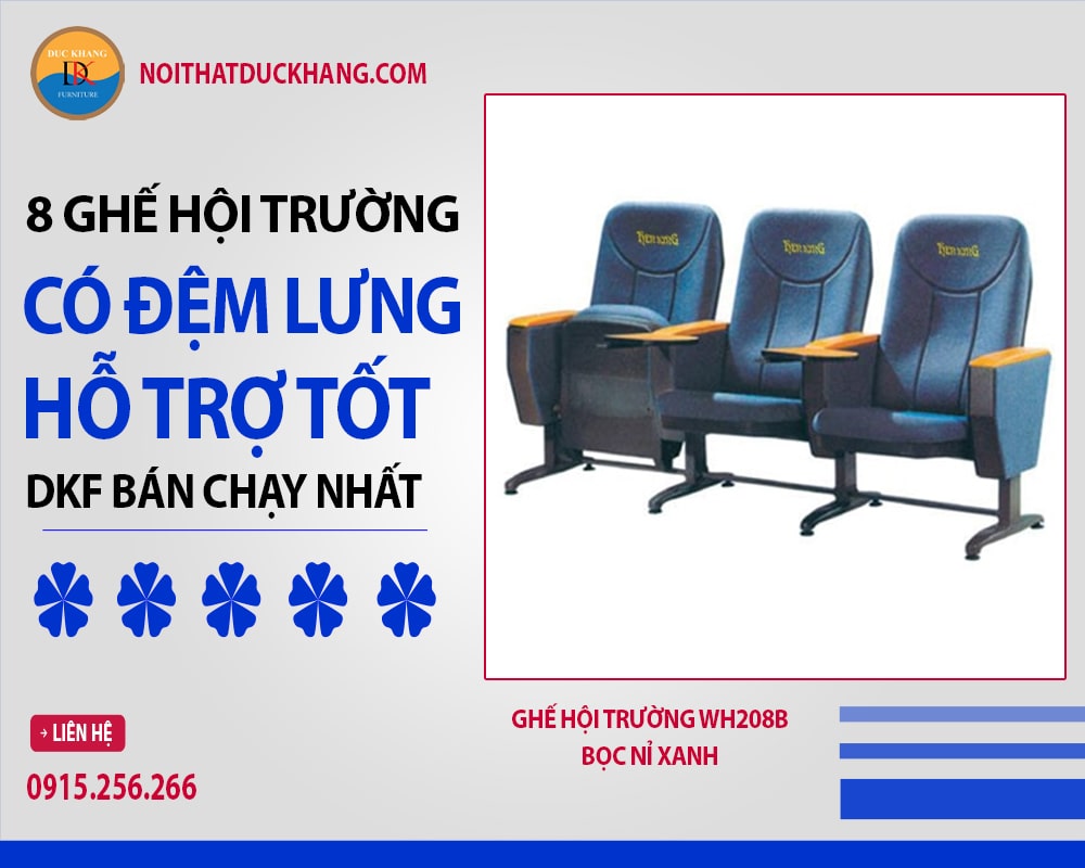 Ghế hội trường WH208B bọc nỉ xanh