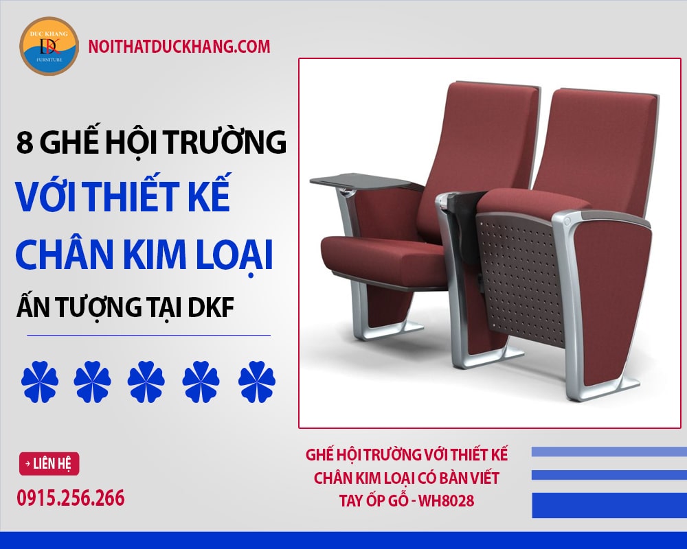 Ghế hội trường với thiết kế chân kim loại có bàn viết, tay ốp gỗ - WH8028