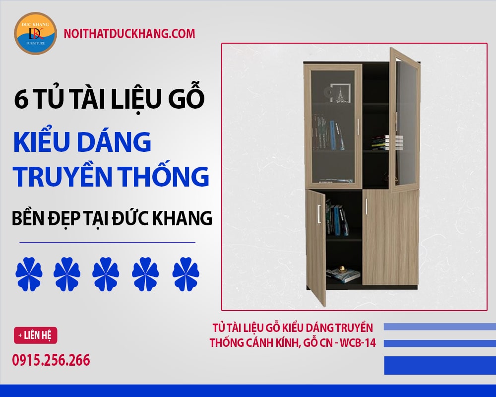 Tủ tài liệu gỗ kiểu dáng truyền thống cánh kính, gỗ CN - WCB-14