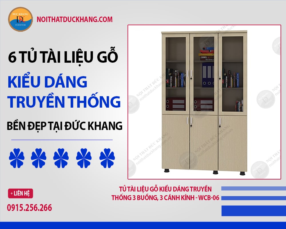 Tủ tài liệu gỗ kiểu dáng truyền thống 3 buồng, 3 cánh kính - WCB-06