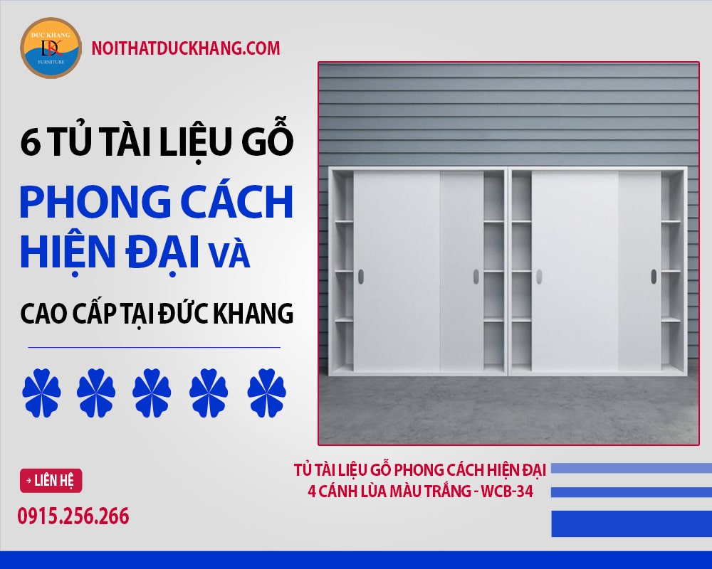 Tủ tài liệu gỗ phong cách hiện đại 4 cánh lùa màu trắng - WCB-34