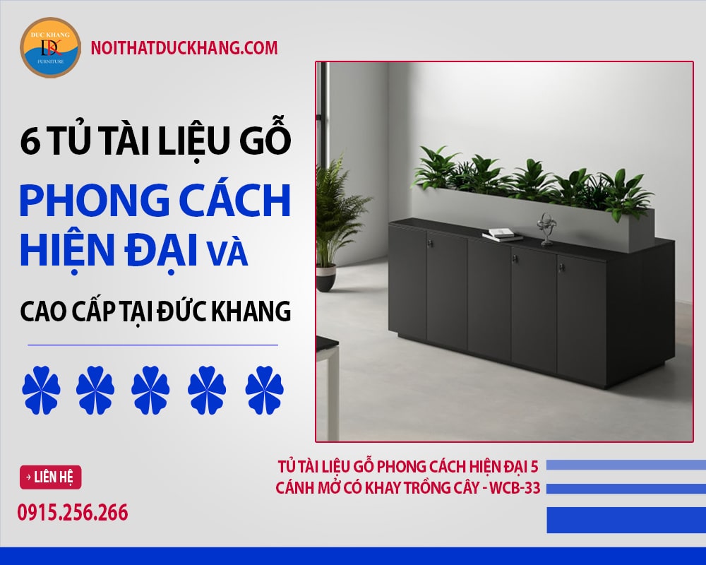 Tủ tài liệu gỗ phong cách hiện đại 5 cánh mở có khay trồng cây - WCB-33