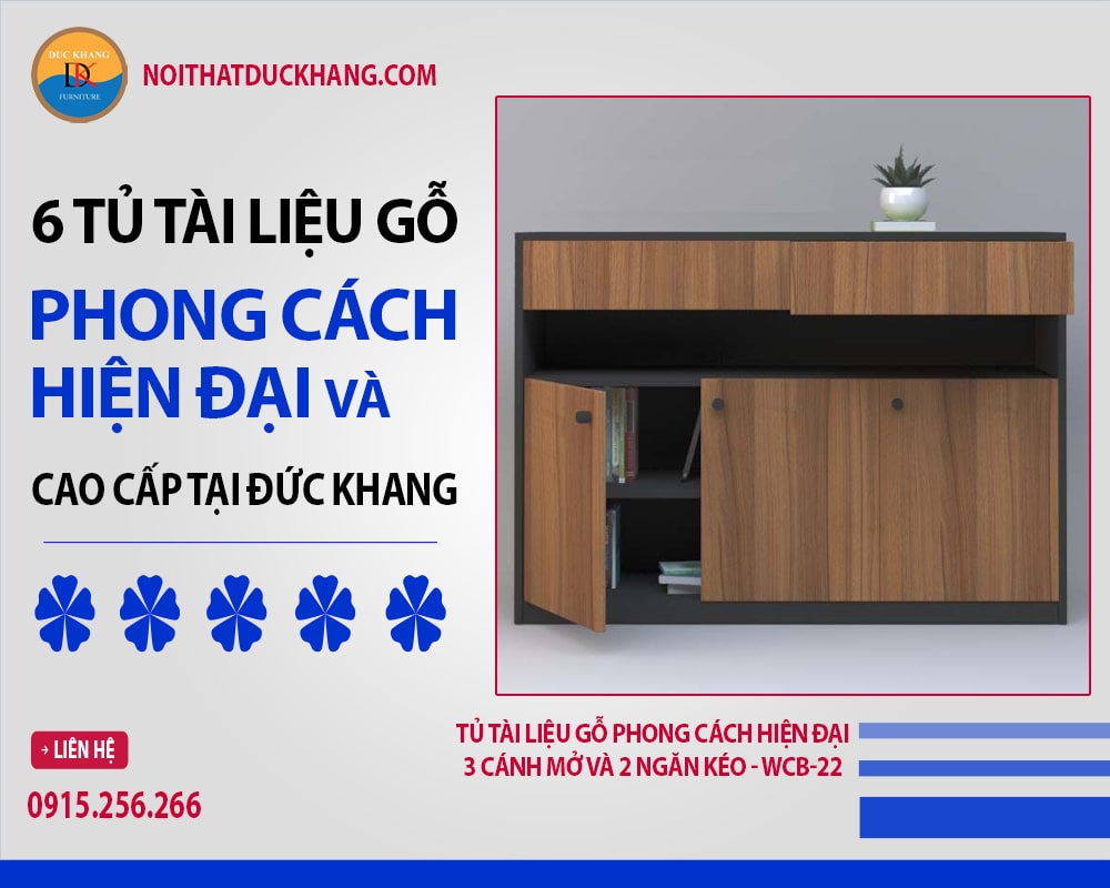 Tủ tài liệu gỗ phong cách hiện đại 3 cánh mở và 2 ngăn kéo - WCB-22