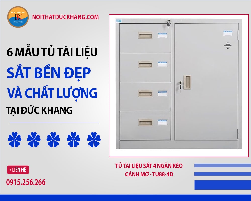 Tủ tài liệu sắt 4 ngăn kéo, cánh mở - TU88-4D