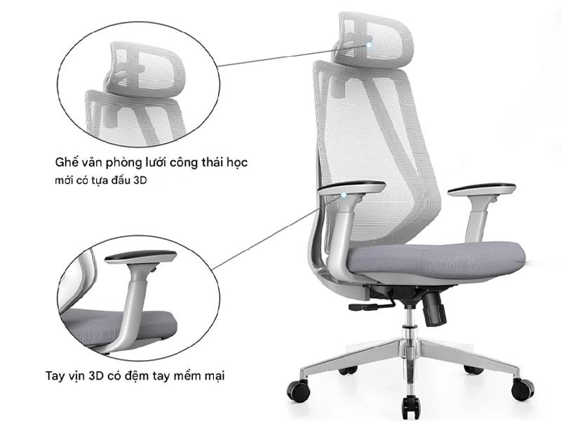 Ghế văn phòng nhập khẩu tựa đầu 2D kết hợp tay vịn 3D cao cấp Farris-H