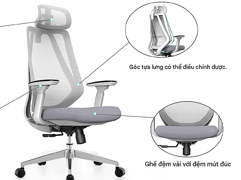 Ghế văn phòng nhập khẩu tựa đầu 2D kết hợp tay vịn 3D cao cấp Farris-H