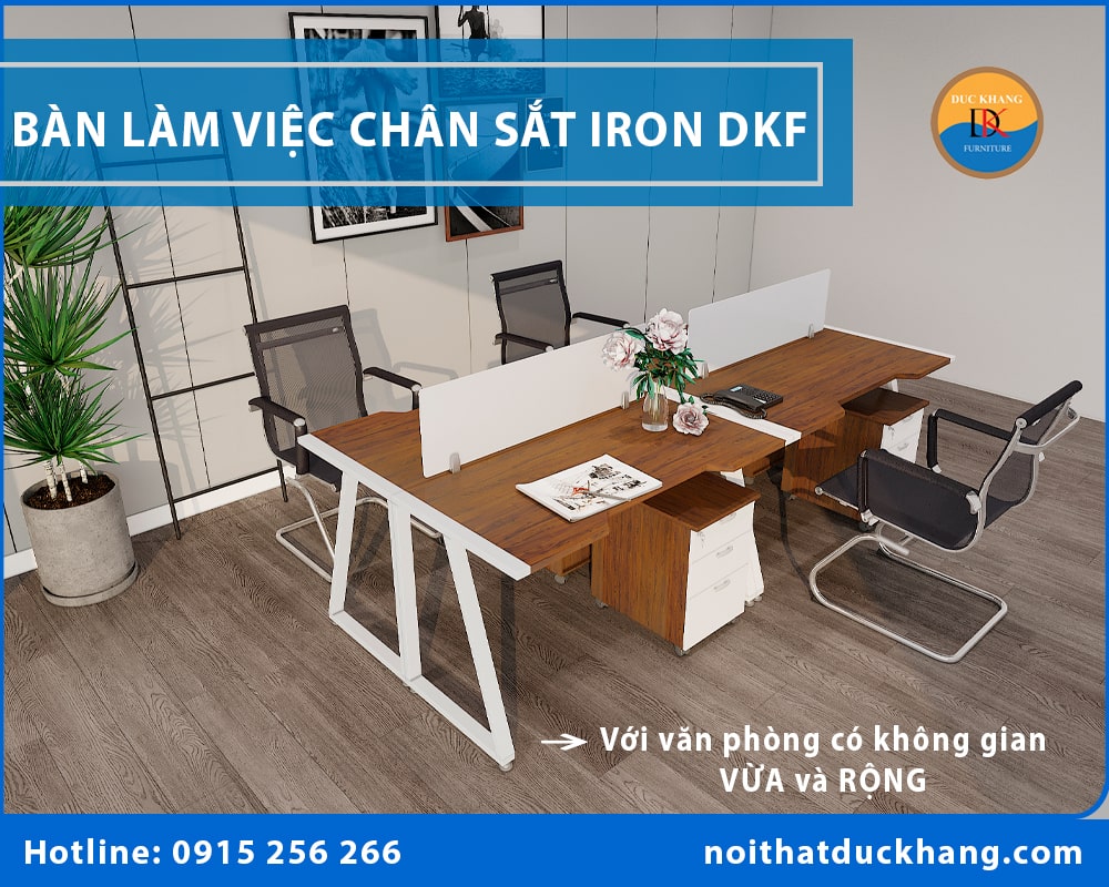 Cách bố trí phòng làm việc đẹp với bàn làm việc chân sắt DKF - Với văn phòng có không gian vừa và rộng