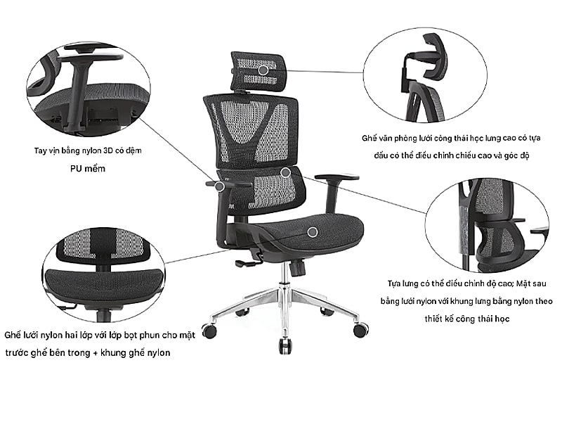 Ghế xoay có tựa đầu 2D cơ chế ngả 135 độ tiện lợi Farley-H Ghế xoay có tựa đầu 2D cơ chế ngả 135 độ tiện lợi Farley-H