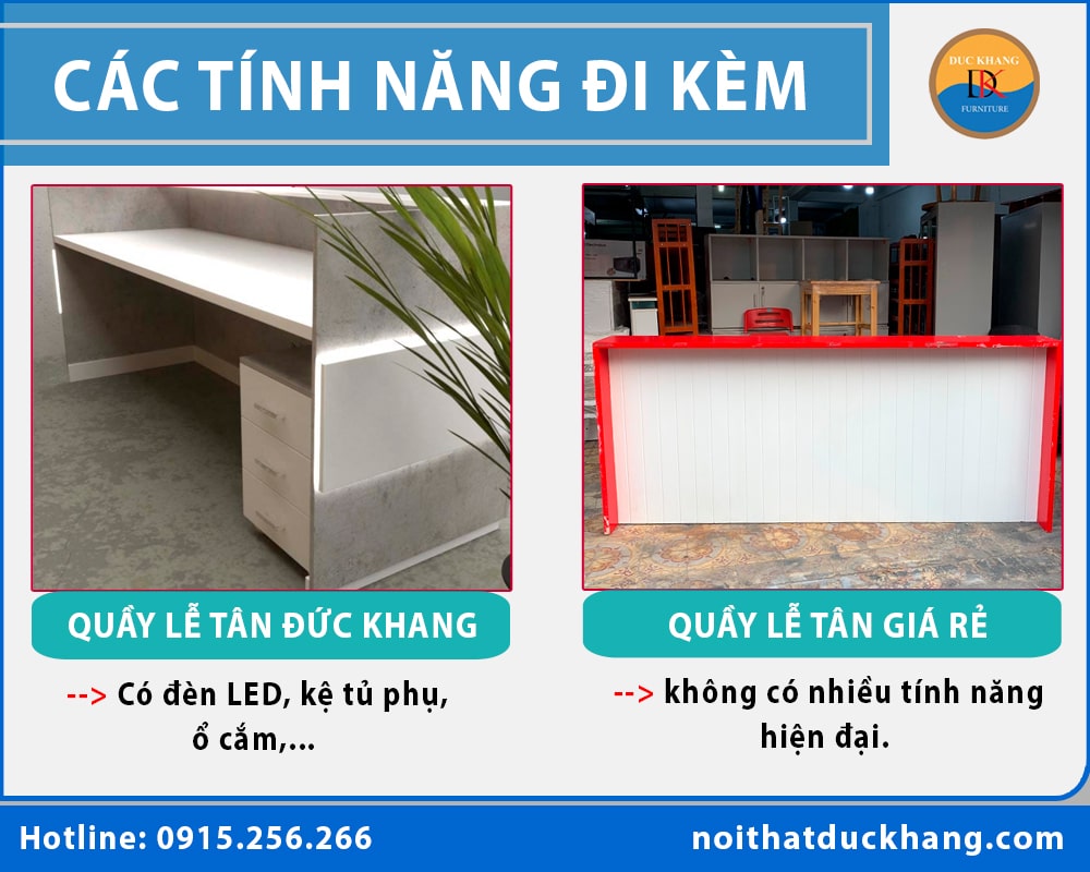 So sánh quầy lễ tân của Đức Khang với quầy lễ tân giá rẻ trên thị trường?