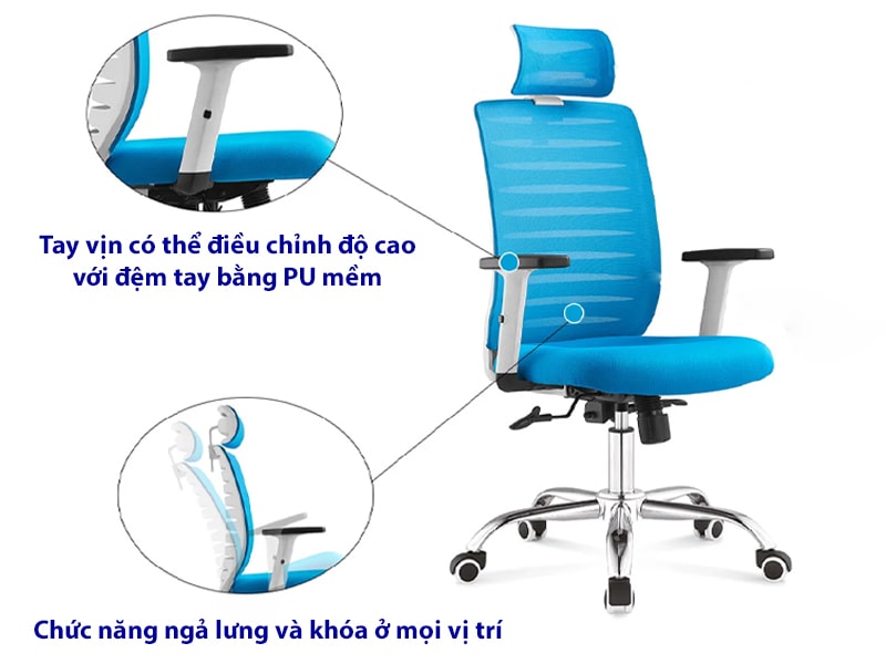 Ghế công thái học có tựa đầu, chân thép mạ crom sang trọng Angel-H