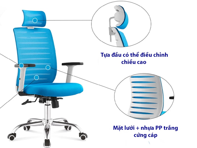 Ghế công thái học có tựa đầu, chân thép mạ crom sang trọng Angel-H