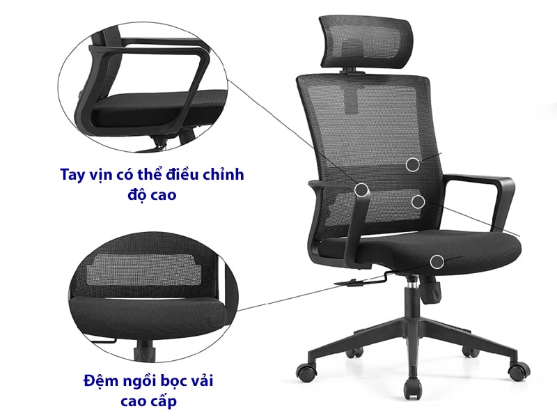 Ghế xoay văn phòng lưng lưới, tựa đầu 2D điều chỉnh độ cao thấp Emma-H