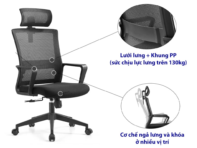 Ghế xoay văn phòng lưng lưới, tựa đầu 2D điều chỉnh độ cao thấp Emma-H