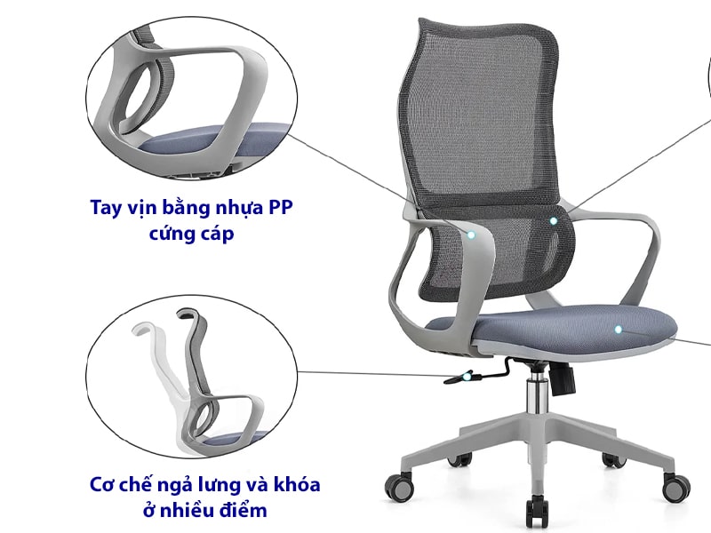 Ghế văn phòng công thái học lưng lưới kết hợp khung nhựa PP bền chắc Lati-H