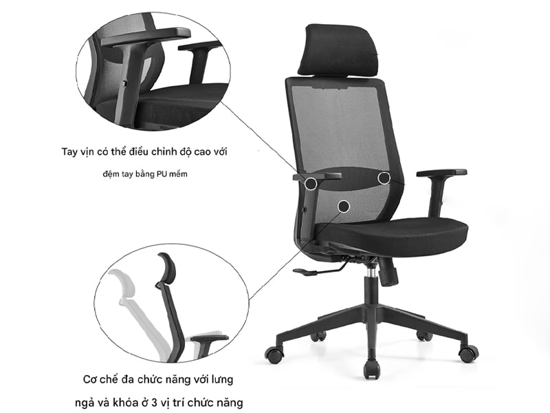 Ghế chân xoay có tựa đầu 2D, cơ chế ngả lưng Owen-H