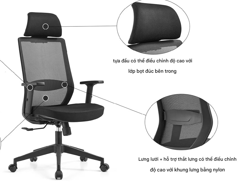 Ghế chân xoay có tựa đầu 2D, cơ chế ngả lưng Owen-H